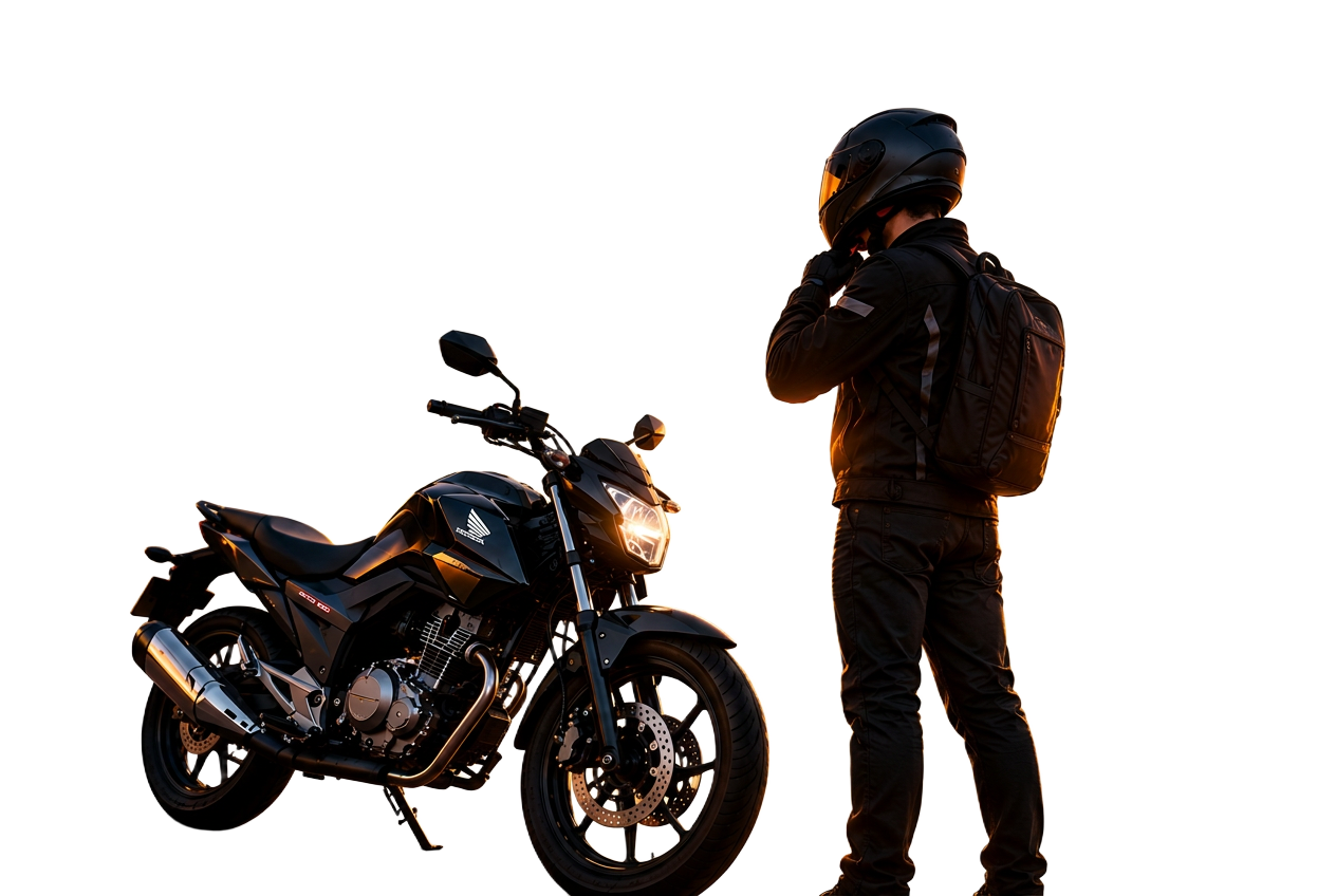Piloto ao lado de uma moto Top-Pop